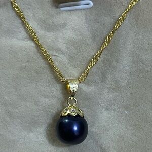 S925 Black Tahitian Pearl Pendant Necklace 22”